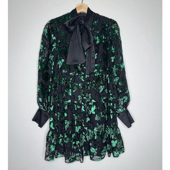 Alice + Olivia Rowen Bow Neck Blouson Sleeve Tiered Dress Green/Black Small - Picture 3 of 11